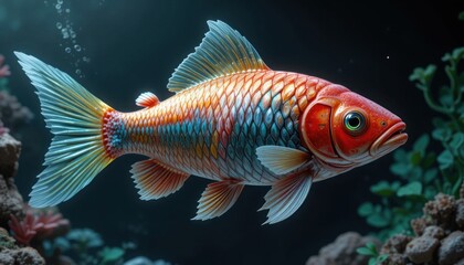 Fototapeta premium A vibrant tropical fish swims in a clear aquarium, its golden scales shimmering underwater