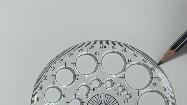 A hand holds a pencil next to a clear circular protractor template with multiple circle guides on a white background.