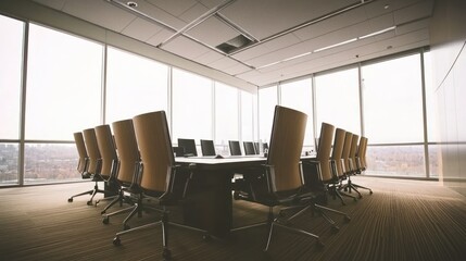 Modern boardroom, city view, meeting prep