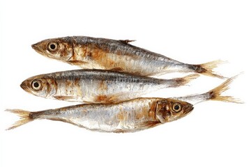 Fototapeta premium Three small, silvery fish arranged on a white background.