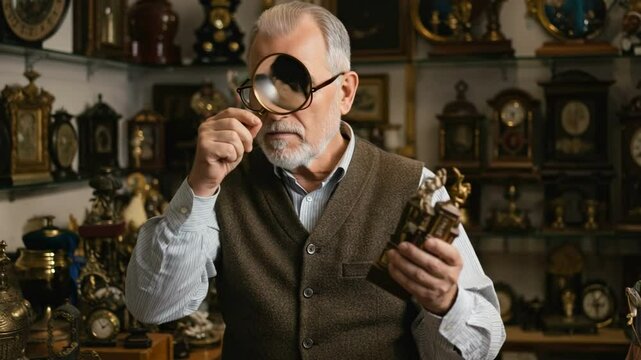 Elderly antiquarian with glasses intently inspects an ornate antique figurine or clock with a magnifying glass in a shop filled with collectibles, focused on historical appraisal and valuation