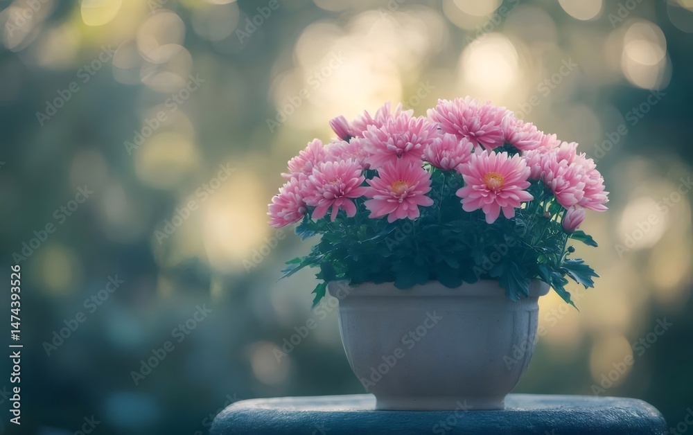 Aufkleber ピンクの菊の花が咲く鉢植えの庭 穏やかな自然の背景に春の園芸の装飾が施されたクローズアップ写真