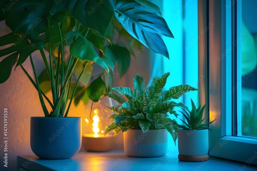 Poster 鉢植えの植物が窓辺に飾られた室内の静物 モンステラとシダが鉢に入り オレンジの光が輝き 青色の窓枠がアクセントを加える 穏やかな雰囲気