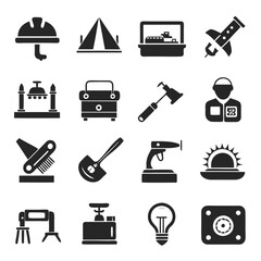 Monochrome collection of various tools and equipment icons