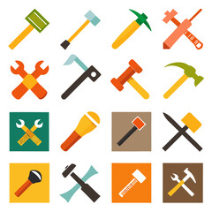 Collection of work tools, hammers and wrenches flat designs