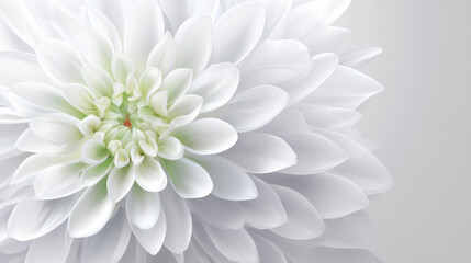 Obraz premium A beautiful white dahlia flower is displayed in extreme close-up, showcasing the delicate texture and pristine color of its layered petals against a soft background.