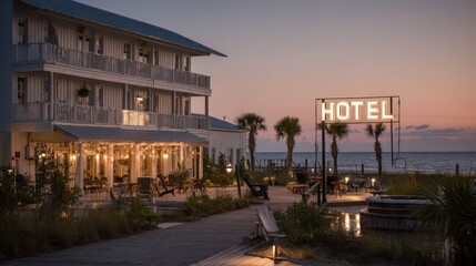 Fototapeta premium Charming beachfront hotel showcases balconies and a bright sign as the evening sky dims. Guests can enjoy the tranquil ambiance and ocean views at this seaside retreat
