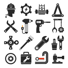 Industrial tools and equipment monochrome vector icons set