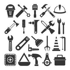 Collection of construction and repair tools monochrome silhouette icons