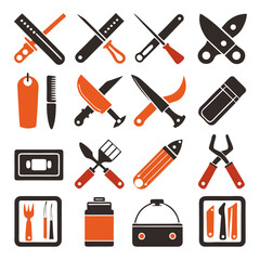 Silhouetted tools and utensils collection in brown and orange