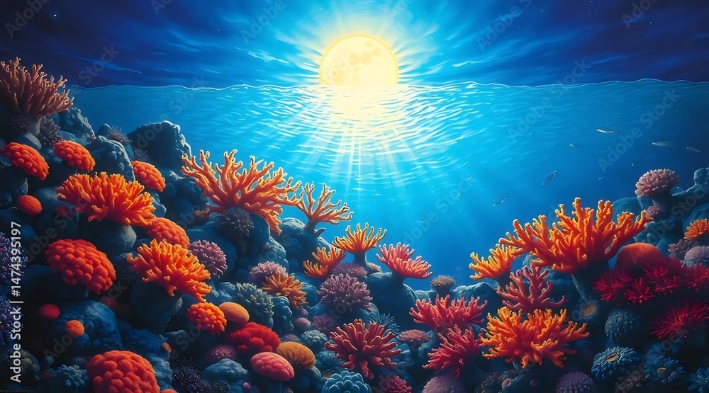 Aufkleber 明るい水中世界のカラフルなサンゴ礁、鮮やかな色と穏やかな海中、暗い海の背景に照らされた輝く太陽の光