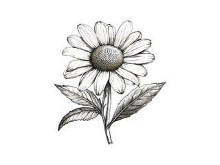 Vintage botanical sketch illustration of daisy flower, hand-drawn floral print, antique engraving style, retro nature decor design, spring bloom, summer, black sketch, trendy vintage art