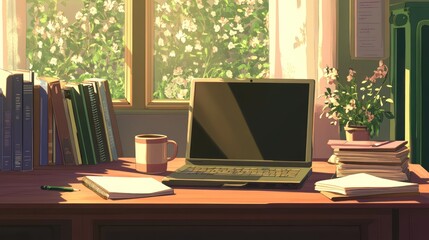 Fototapeta premium Sunny Study Laptop, books, flowers, window