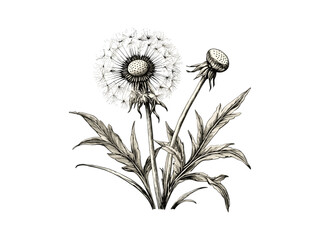 Engraving of dandelion puff, vintage botanical floral illustration, hand-drawn nature sketch, antique print decor, spring flower, black sketch, old engraving style, vintage artwork