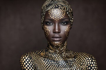 Stunning portrait of a confident woman adorned with artistic body paint featuring striking golden dots against a rich brown backdrop highlighting beauty artistry and cultural expression