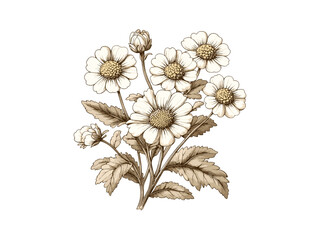Vintage botanical illustration, feverfew, spring flower, retro flower, engraving of feverfew, trendy decor, nature art, summer bloom, antique sketch, Black sketch, flora, old engraving style.