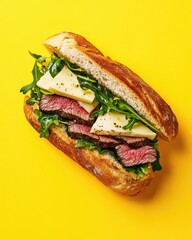 Savory sandwich with sliced beef, cheese, and greens
