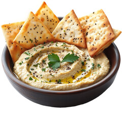 Delicious hummus with crackers appetizer dip healthy snack food photography on transparent background