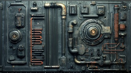 Fototapeta premium Complex Steampunk Machinery Panel Displaying Intricate Pipes and Gauges