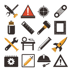 Assorted vector tool and industry icons on white backdrop