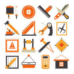 Collection of construction and measurement equipment icons in orange
