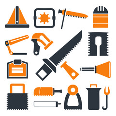 Collection of simple construction tools set in orange and black