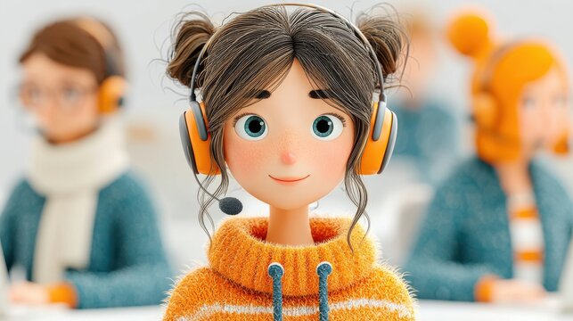 3d illustration, cute cartoon customer service woman smiling at call center,photo stocks