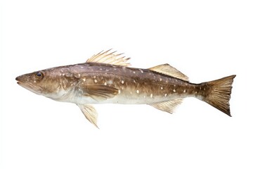 A speckled brown fish with fins spread wide, isolated against a white background.