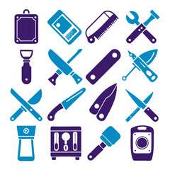 Icon set showcasing kitchen and workshop tools in two colors