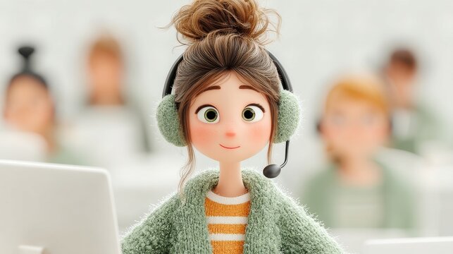 3d illustration, cute cartoon customer service woman smiling at call center