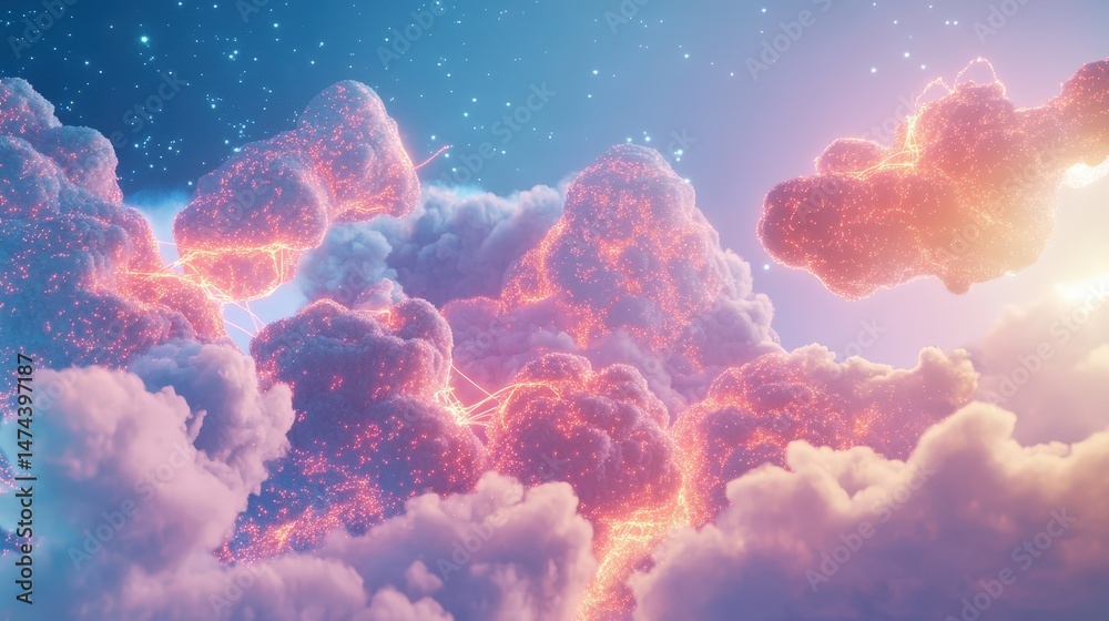 Poster 3d render of artificial intelligence as an ever-growing digital cloud, with interconnected neural pa