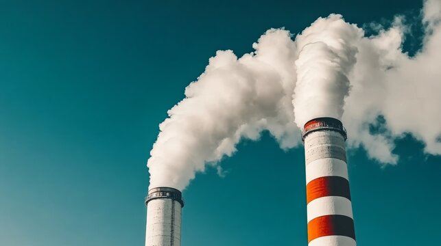 Close-up of two large industrial chimneys releasing thick white smoke into the air, symbolizing the environmental issues of air pollution and global warming, with a clear blue sky in the background.