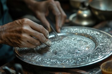 Fototapeta premium Close focus on a craftsman polishing intricate