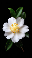 Obraz premium A pristine white camellia flower with delicate petals and a vibrant yellow center is elegantly displayed against a stark black backdrop with lush green leaves.