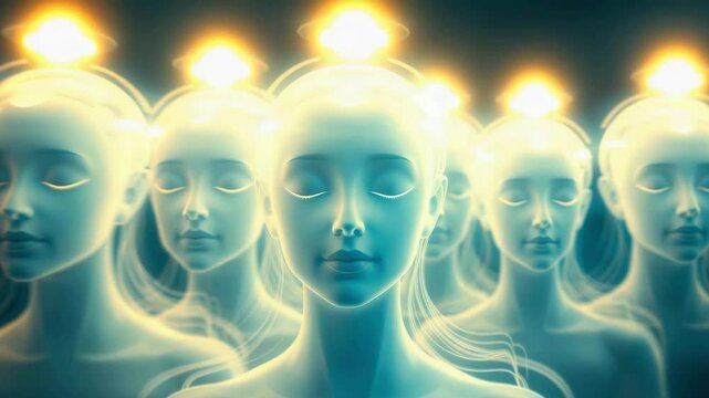 Ethereal representation of serene humanoid figures with glowing auras, symbolizing enlightenment and unity