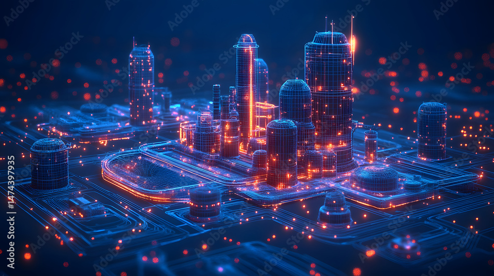 Aufkleber futuristic cityscape of glowing wireframe buildings, roads, and orbs. blue lines connect structures 