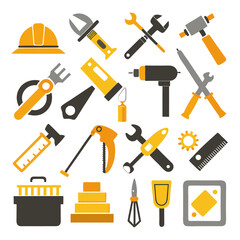 Flat vector construction tools in orange gray and black palette