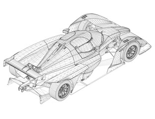 Fototapeta premium A drawing of a race car with a lot of detail. The car is a sports car with a sleek design and a long wheelbase. The drawing is in black and white, giving it a classic and timeless feel. Isometric view