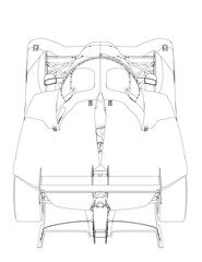 A drawing of a car with a seat belt. The car is a sports car with a sleek design. The seat belt is positioned in the center of the car, with the buckle facing forward