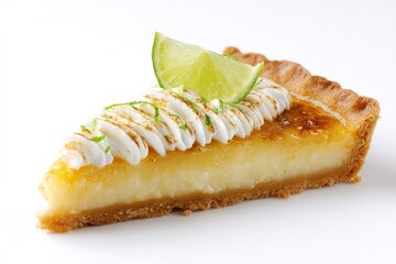 A slice of key lime pie, topped with meringue and a lime wedge. Sweet and tangy!