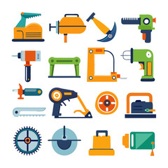 Illustration of Various Carpentry and Industrial Tools with Bold Colors