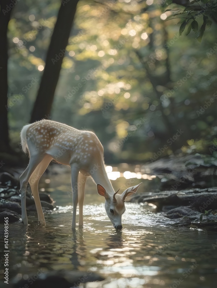 Aufkleber 陽光が差し込む森の小川で水を飲む白い斑点のある若い鹿 静けさと自然の美しさを捉えた野生動物のポートレート