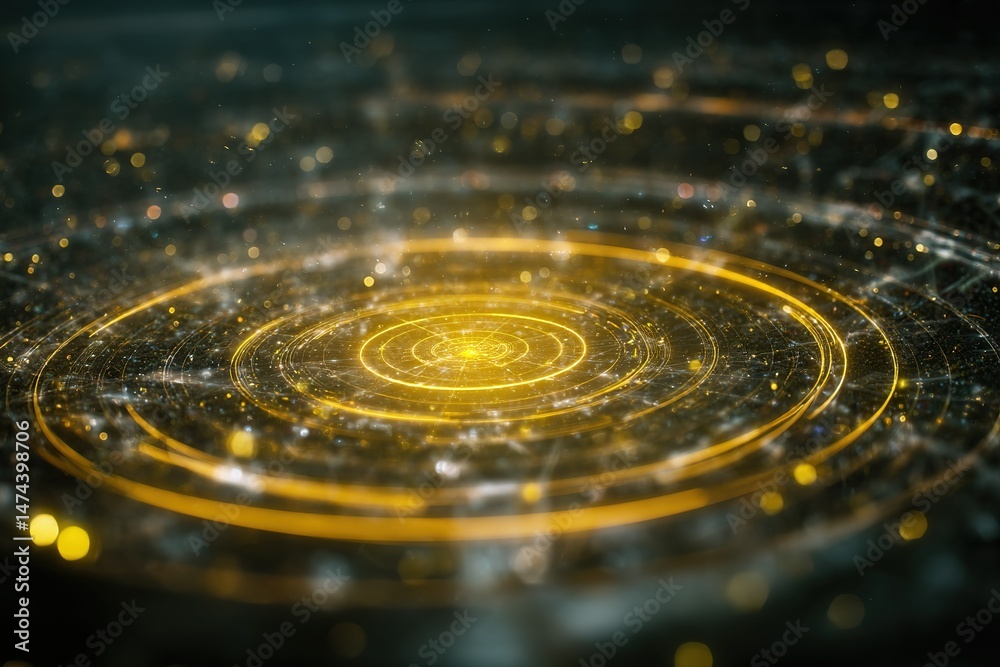 Poster dynamic display of golden circles with glowing particles in abstract digital space