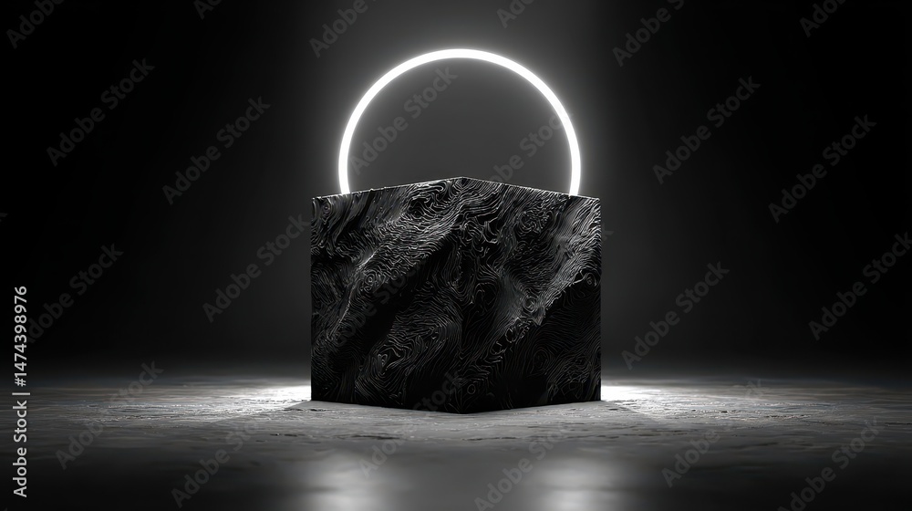 Poster a cube hovers in a dimly lit space, its animated surface patterns shifting subtly as a bright halo o