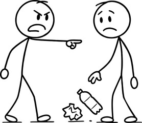 Angrily pointing at another stick figure who has just thrown trash on the ground