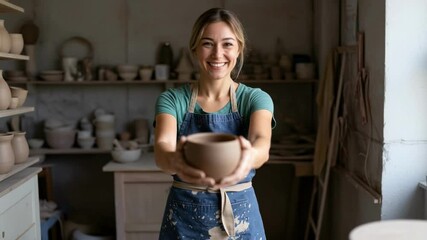 Beaming female potter in a rustic apron proudly displays a freshly crafted clay pot in her vibrant workshop, embodying the spirit of handmade artistry and creative entrepreneurship