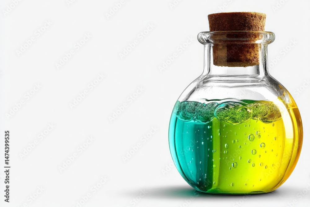 Poster colorful liquid mixture in a glass bottle with bubbles and cork cap showcasing science experiment ef