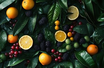 Close-up of assorted berries and citrus fruits on dewy
