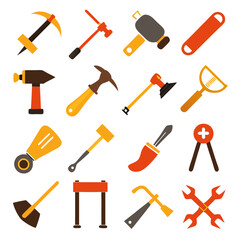 Collection of various construction tools on a white background