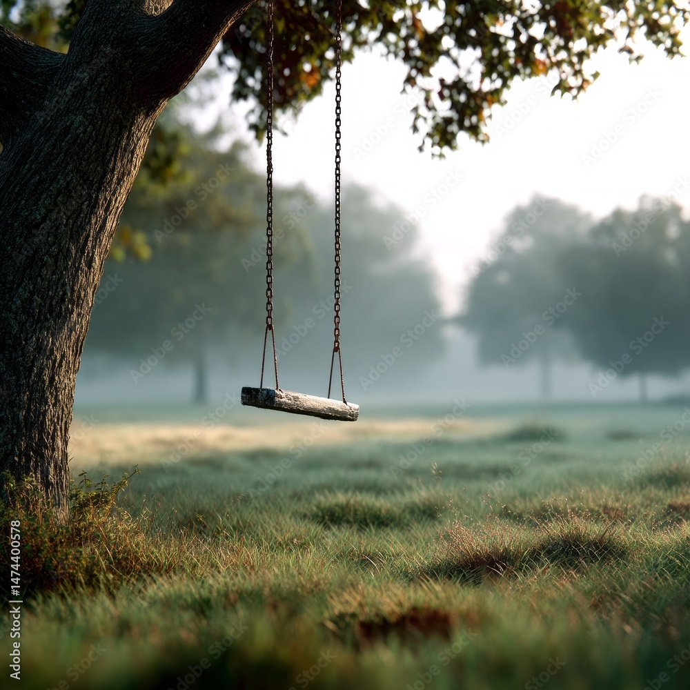 Poster a swing made of wood and chains hangs gently from a sturdy tree branch. morning mist envelops the pe